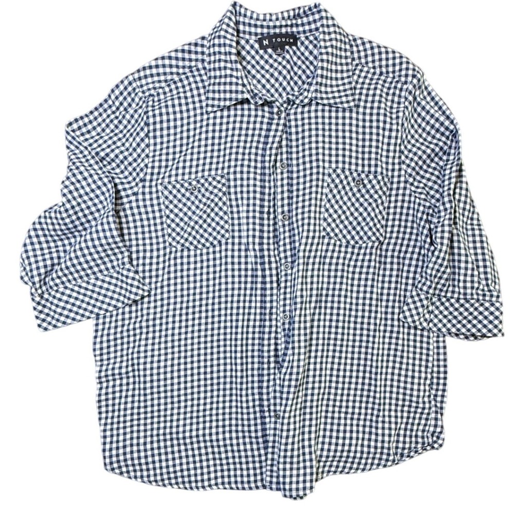 N Touch Womens‎ Blue White Gingham Check 3/4 Sleeve Button Up Shirt